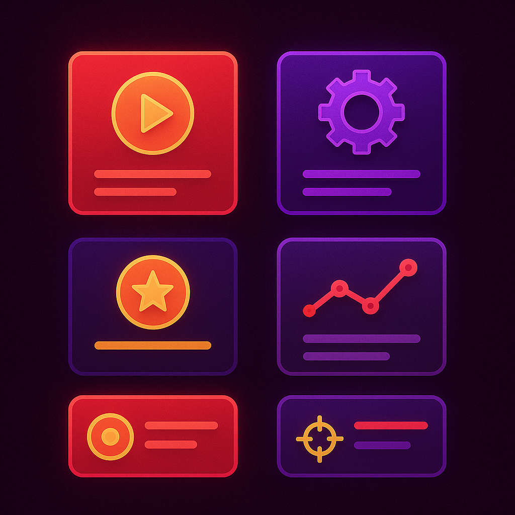 Grid of feature cards and HUD overlays